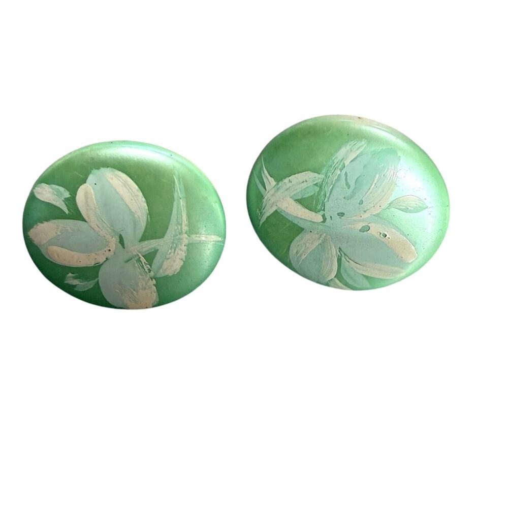 Earrings Vintage hand painted white on teal 1" round  post